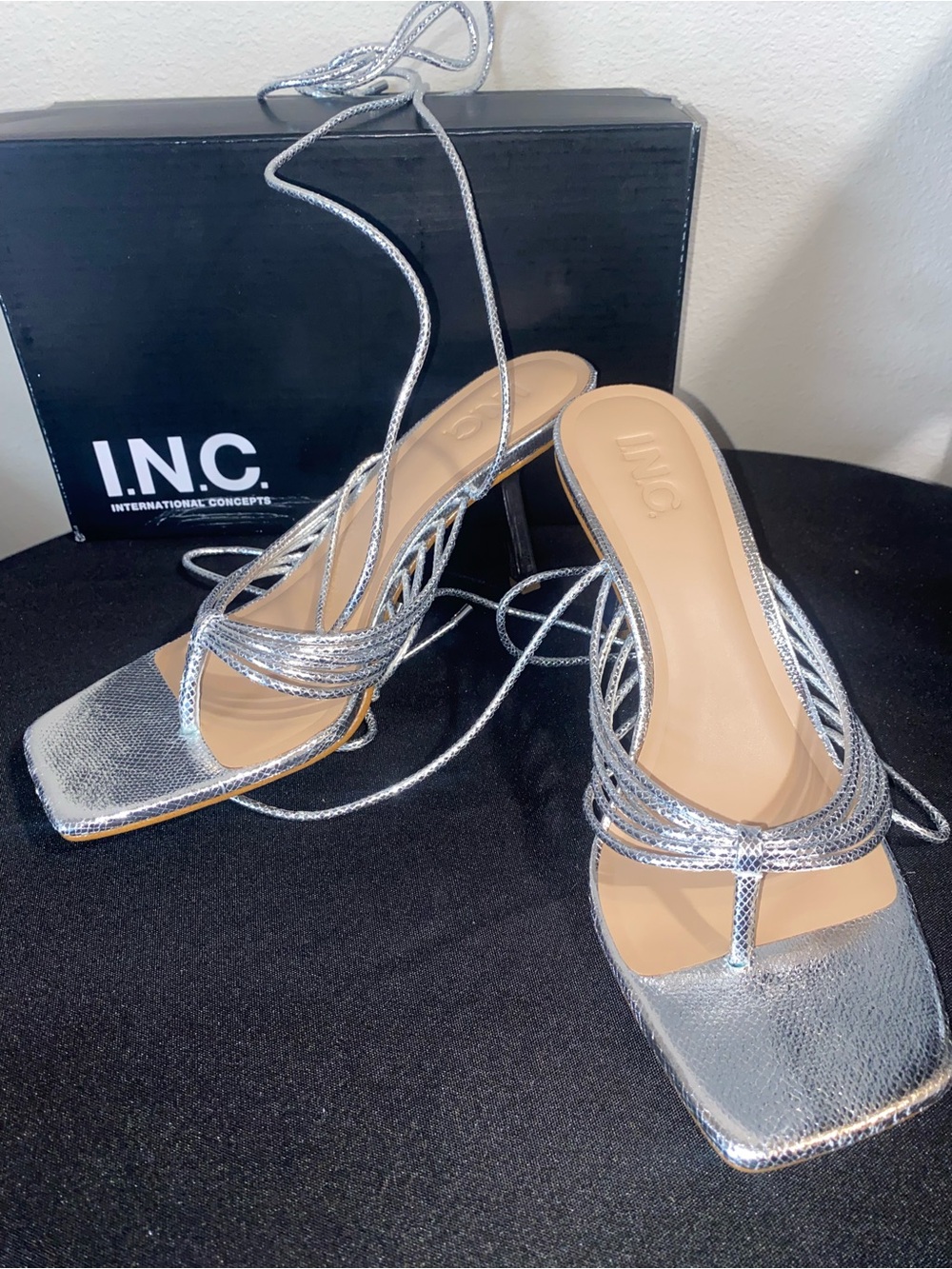 INC International Concepts Metallic Silver Lace-Up Square-Toe Heels